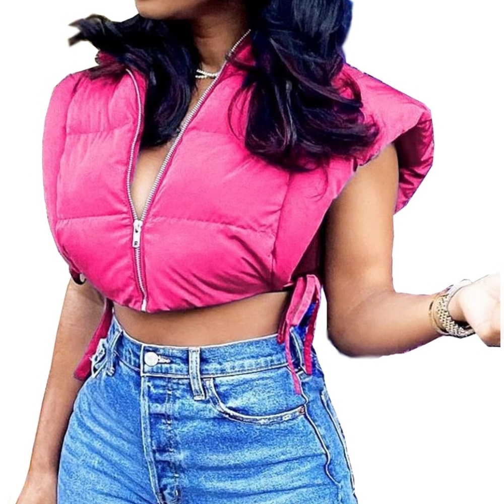 Hot Pink Cropped Puffer Vest With Hood